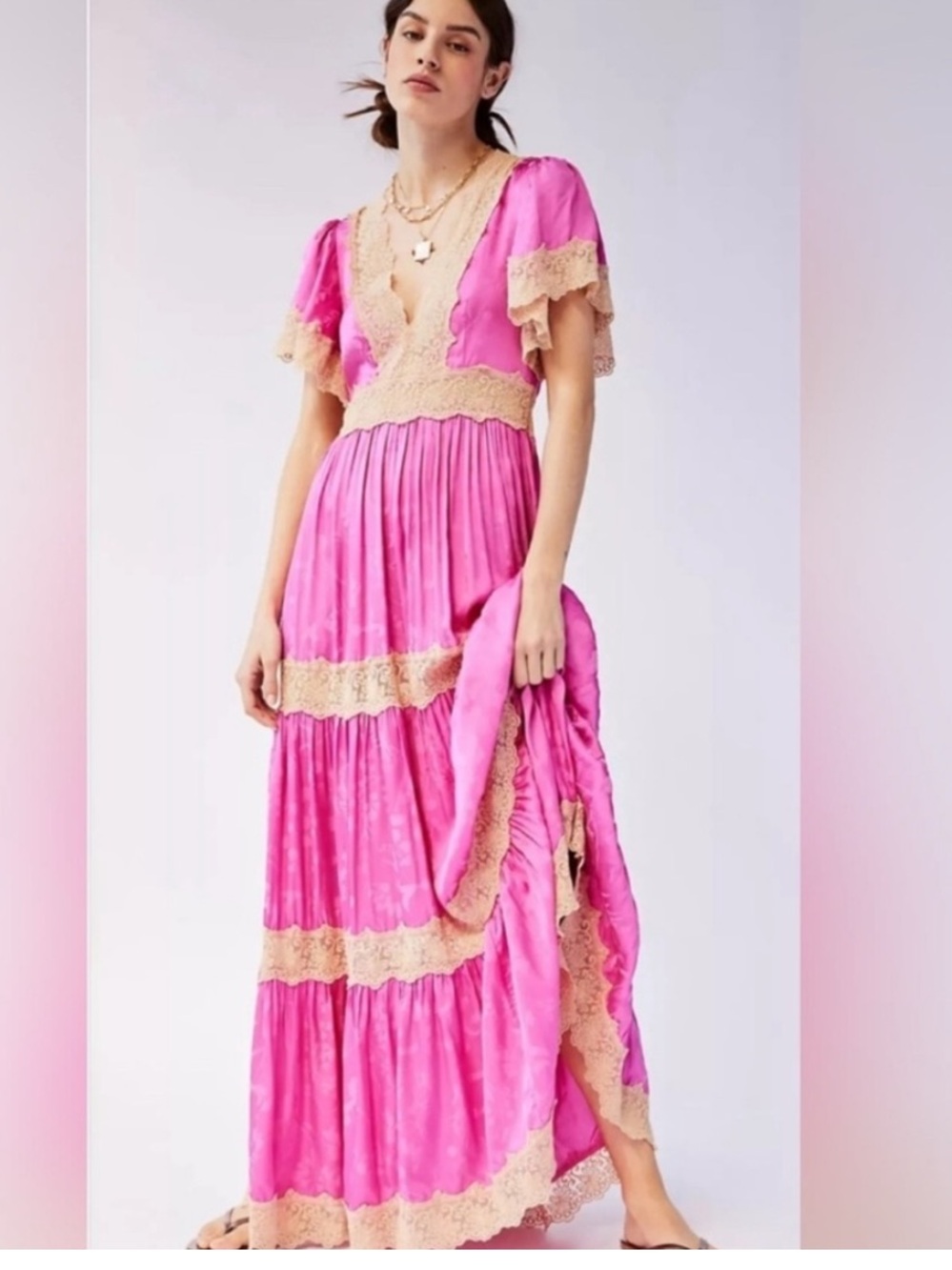 NEW SPELL OCEAN GOWN PINK  Fuchsia Maxi Dress with Cream Lace